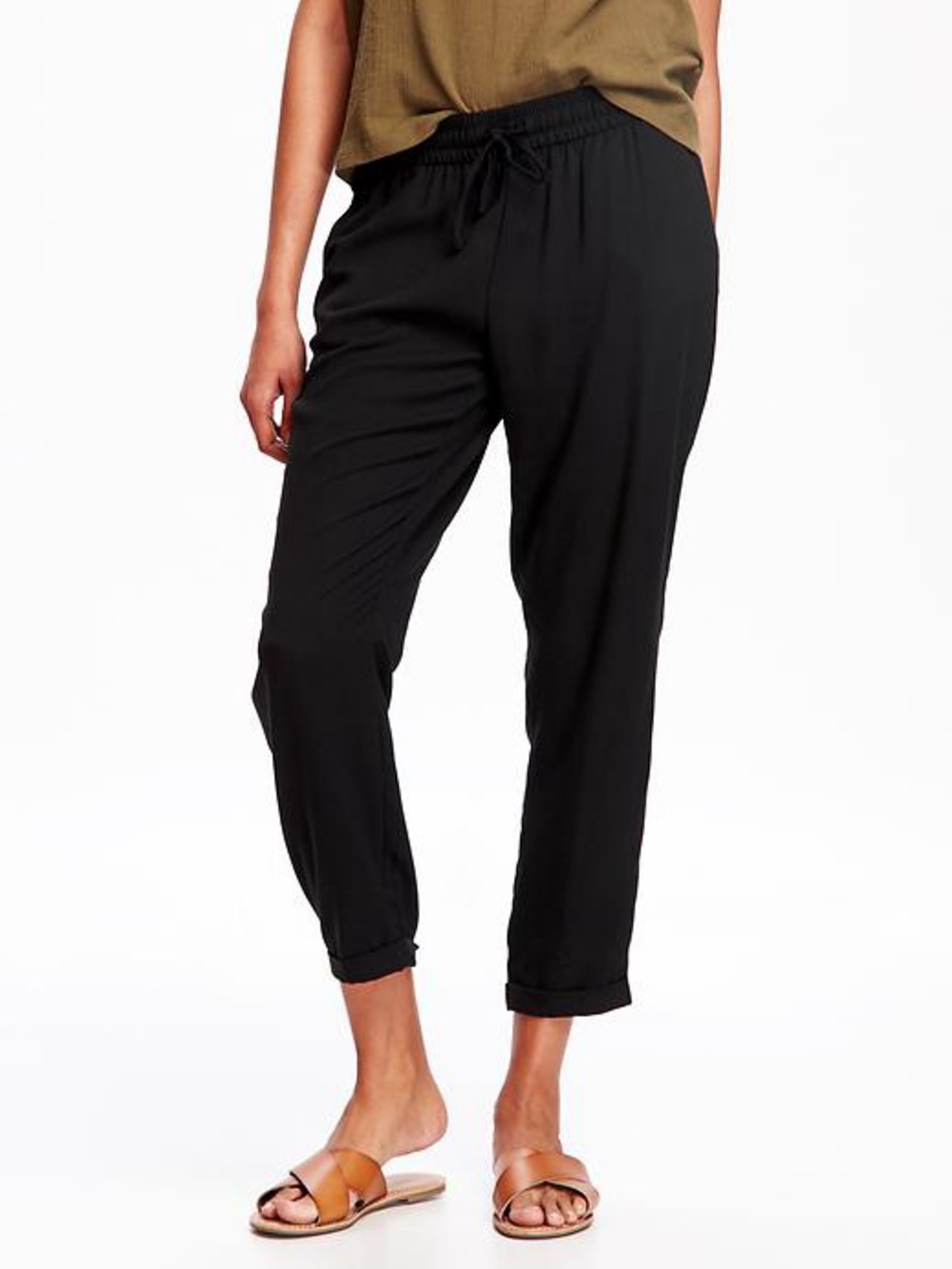 Old Navy Black Rayon Tapered Drawstring Pants Elastic Waist Pockets ~ Black ~ XL